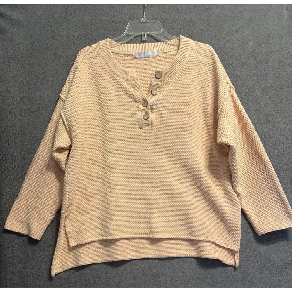 Free People FP Beach Hailee Sweater Waffle Knit Henley Oversized Size M Pink